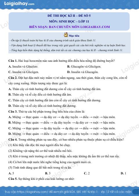 Đề số 5 – Đề kiểm tra học kì 2 – Sinh 11